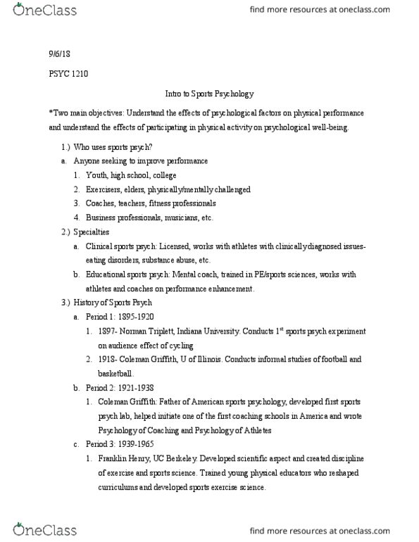 PSYC 1210 Lecture Notes - Lecture 1: Psych, Sports Science thumbnail