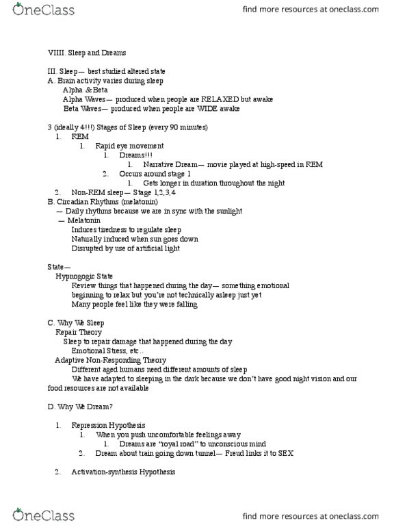 PSY 110 Lecture Notes - Lecture 9: Sleepwalking, Unconscious Mind, Cerebellum cover image