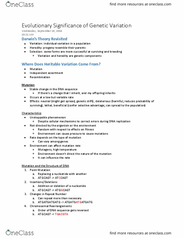 BIO120H1 Lecture Notes - Lecture 4: Phenotype, Mutation Rate, Meiosis cover image