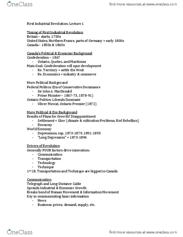 LABRST 1A03 Lecture Notes - Oliver Mowat, Mastercraftsman, Industrial Revolution thumbnail