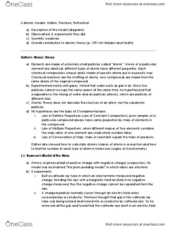 HSCI 130 Chapter Notes - Summer 2018 Chapter 5 - Atomic nucleus, Cathode ray tube, Cathode ray thumbnail