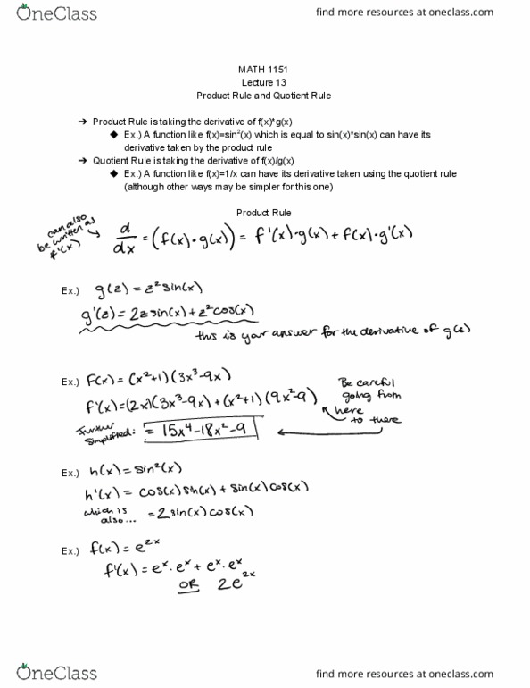 MATH 1151 Lecture 13: MATH 1151 Lecture 13 - Product Rule and Quotient Rule cover image