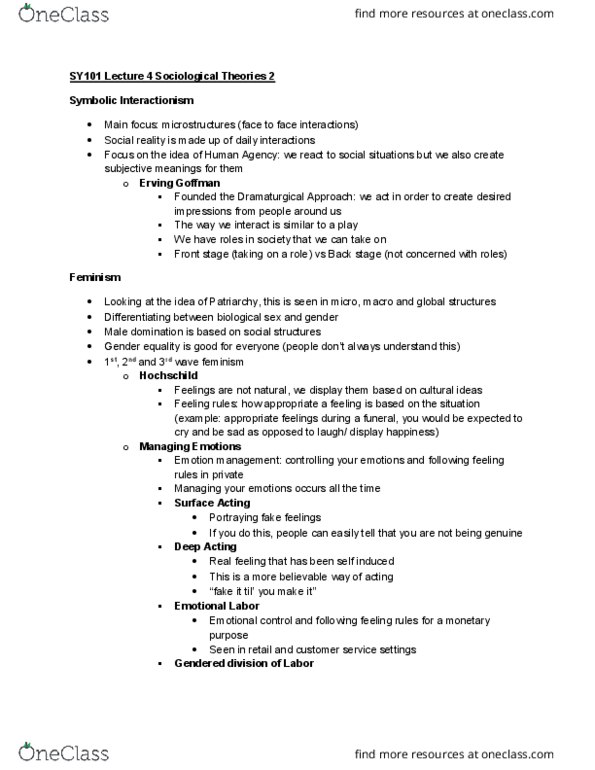 SY101 Lecture Notes - Fall 2018 Lecture 4 - Erving Goffman, Symbolic interactionism, Gender equality thumbnail