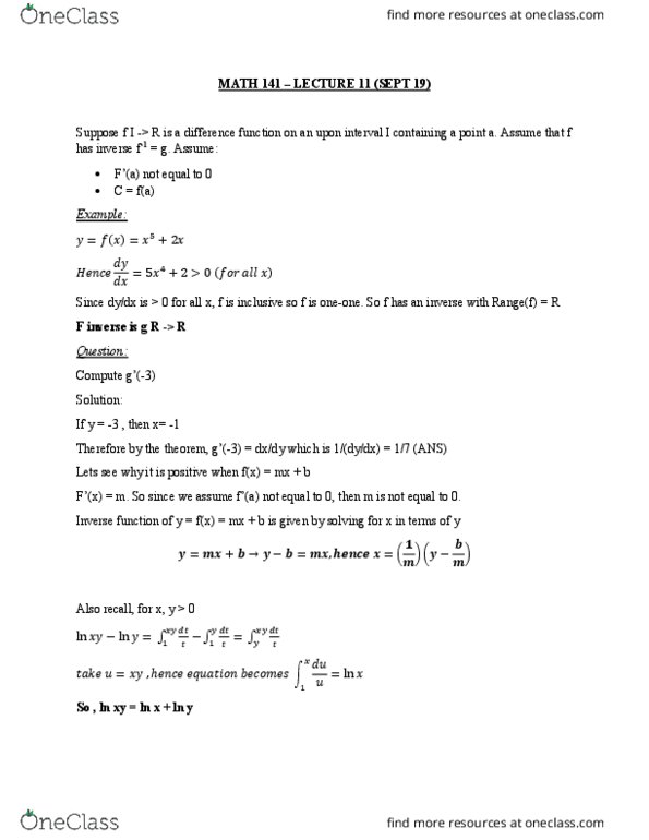 MATH 141 Lecture Notes - Fall 2018 Lecture 11 - Inverse function thumbnail