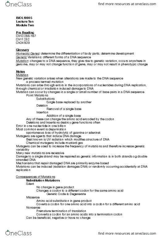 BIOL10005 Lecture Notes - Spring 2018 Lecture 10 - Restriction enzyme, Synonymous substitution, HBB thumbnail