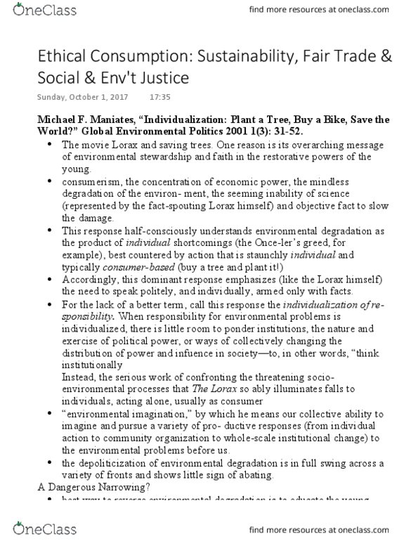 SOCI 342 Chapter n/a: Ethical Consumption Sustainability, Fair Trade & Social & Env't Justice thumbnail