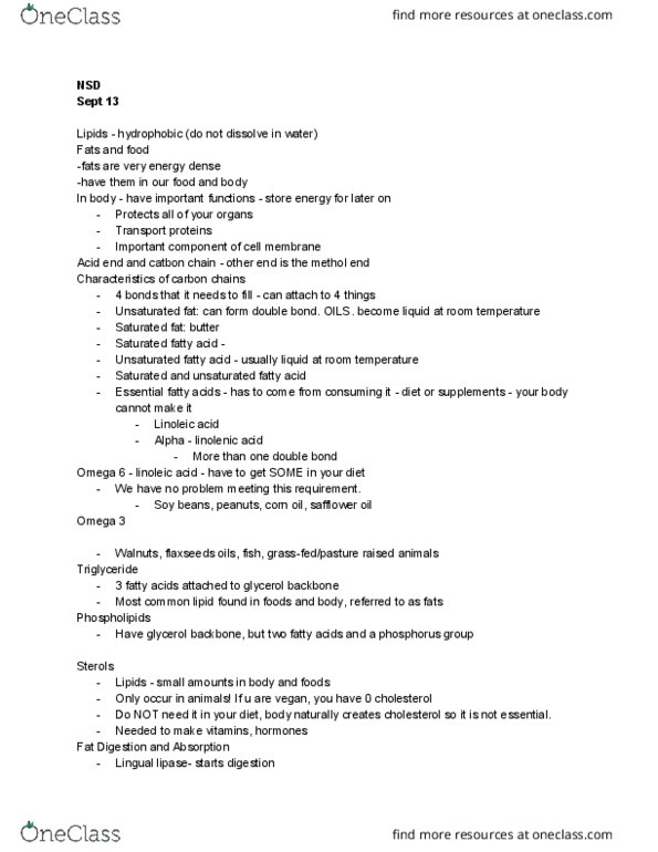 NSD 225 Lecture Notes - Fall 2018 Lecture 6 - Monoglyceride, Small intestine, Olive oil thumbnail