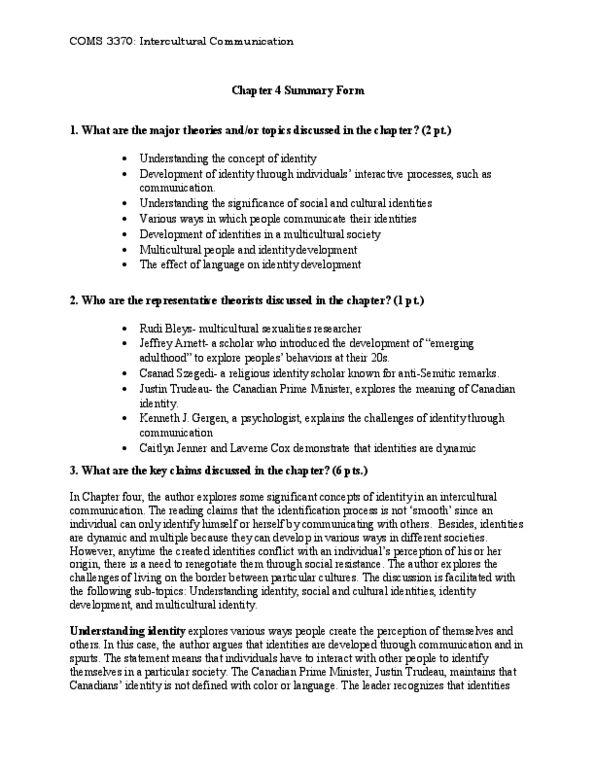 COMS 3370 Chapter 4: Chapter 4 - Identity and Intercultural Communication - Summary Form thumbnail