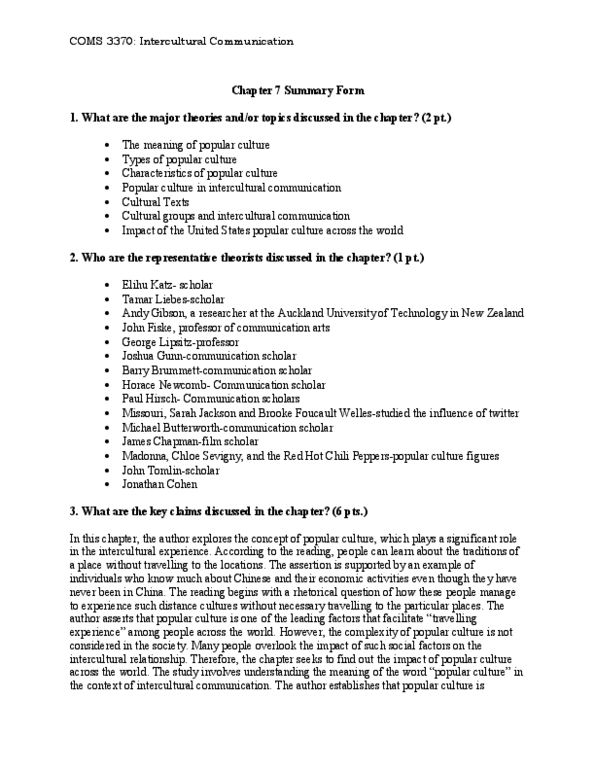 COMS 3370 Chapter 7: Chapter 7 - Popular Culture and Intercultural Communication - Summary Form thumbnail