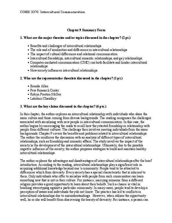 COMS 3370 Chapter 9: Chapter 9 - Intercultural Relationships in Everyday Life - Summary Form thumbnail