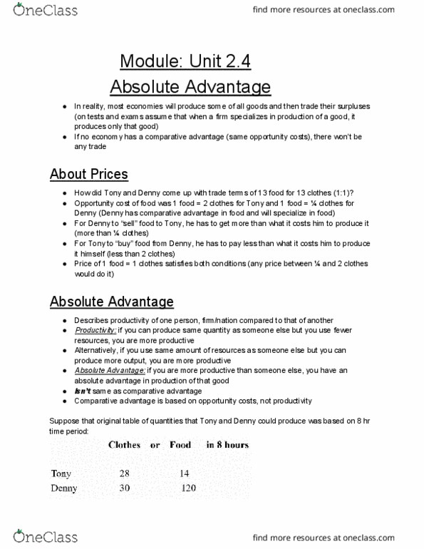 ECON 1B03 Chapter Notes - Fall 2018 Chapter 2 - Absolute advantage, Comparative advantage, Opportunity cost thumbnail