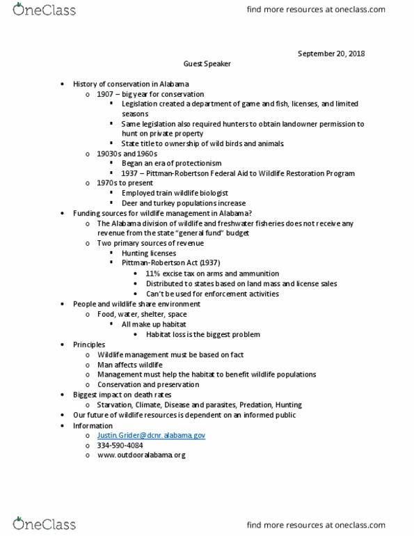 BSC 340 Lecture Notes - Fall 2018 Lecture 7 - Wildlife management, Habitat destruction thumbnail