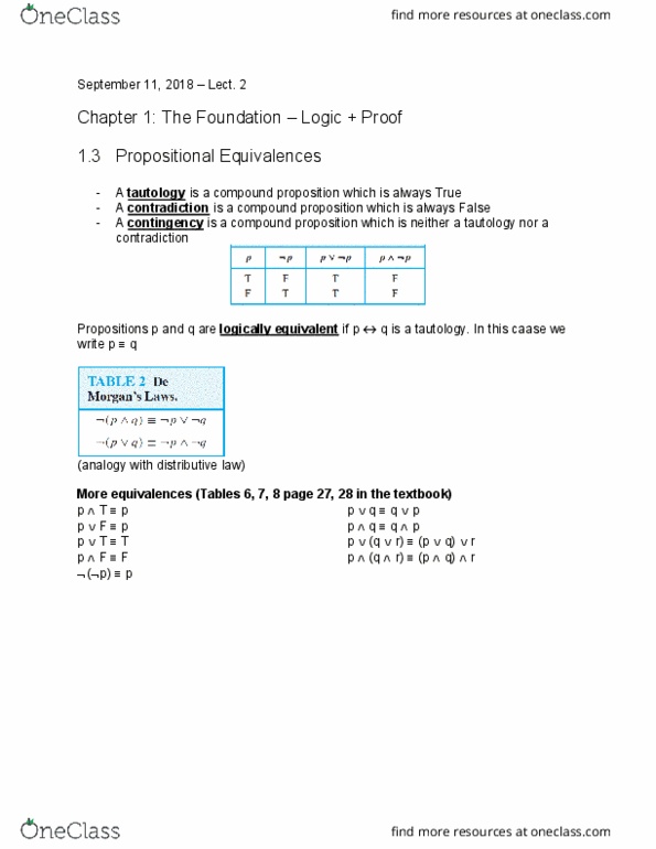 EECS 1019 Lecture Notes - Fall 2018 Lecture 2 - Truth table, Propositional function, Distributive property cover image
