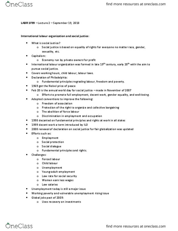 LABR 1F99 Lecture Notes - Fall 2018 Lecture 2 - Income distribution, Perfect competition, International Labour Organization thumbnail