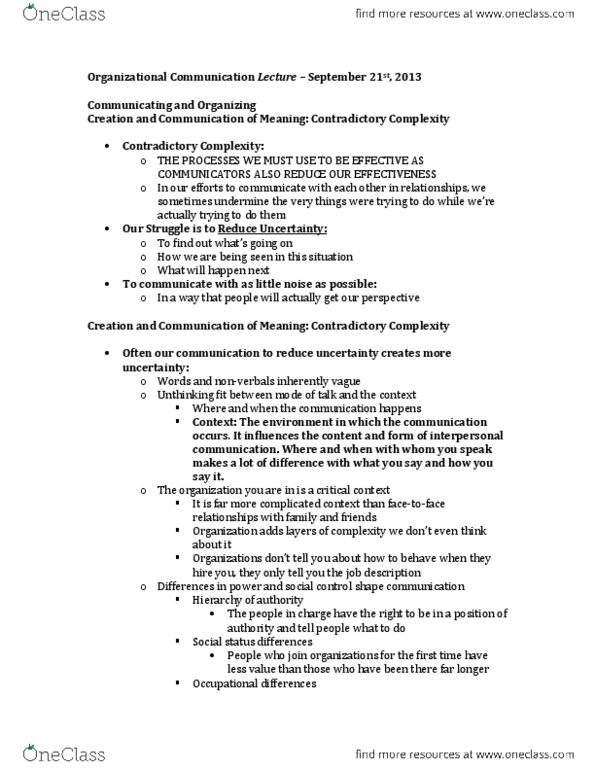 COMN 4115 Lecture Notes - Organizational Communication, Interpersonal Communication thumbnail