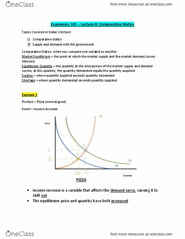 ECON101 Lecture Notes - Fall 2018 Lecture 8 - Invisible hand, Comparative statics, Demand curve cover image