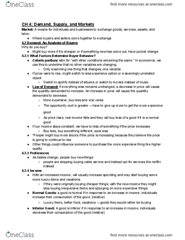 ECON-1010 Chapter Notes - Fall 2018 Chapter 4 - Complementary good, Equilibrium point, Allocative efficiency thumbnail