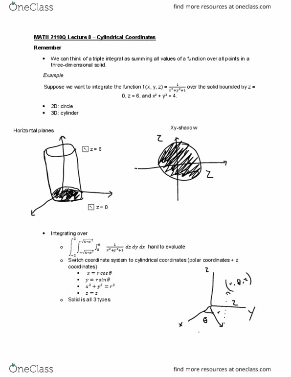 MATH 2110Q Lecture Notes - Fall 2018 Lecture 8 - Integral, Cylindrical coordinate system cover image