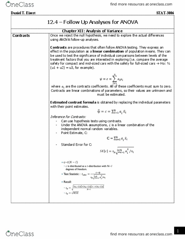 STAT 3006 Lecture Notes - Fall 2018 Lecture 7 - Confidence interval, Linear combination, Null hypothesis thumbnail