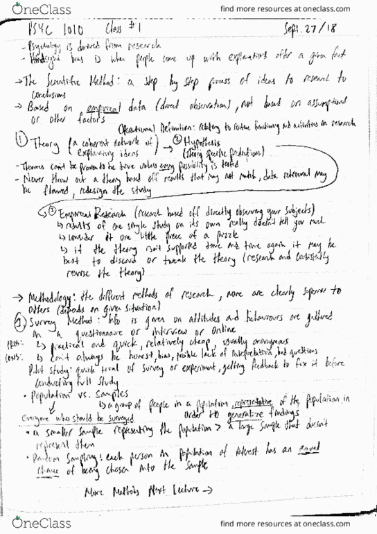 PSYC 1010 Lecture 2: Psyc 1010 Lecture #2 (Notes starting on 2nd page, ignore 1st) cover image