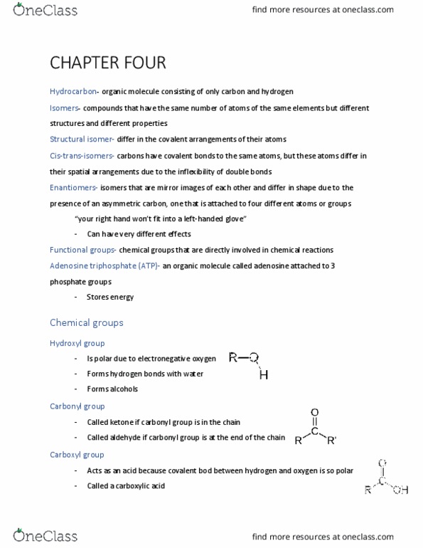 BIOL 102 Chapter Notes - Chapter 4: Carbonyl Group, Asymmetric Carbon, Hydroxy Group thumbnail