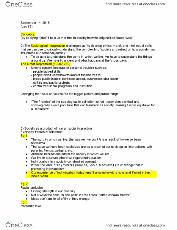 SOCY 122 Lecture Notes - Lecture 3: The Sociological Imagination thumbnail