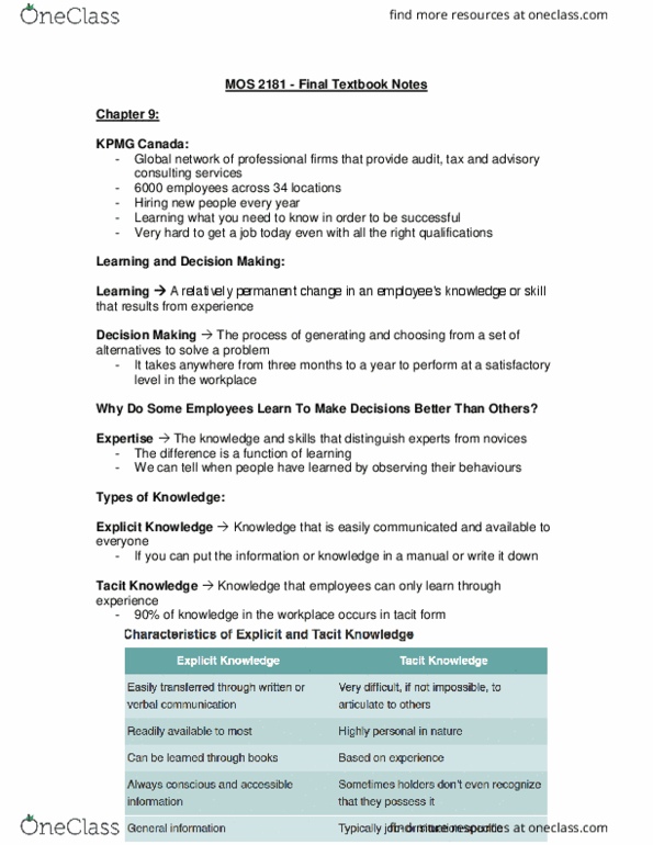 Management and Organizational Studies 2181A/B Chapter Notes - Chapter 9-15: Tacit Knowledge, Kpmg, Explicit Knowledge thumbnail