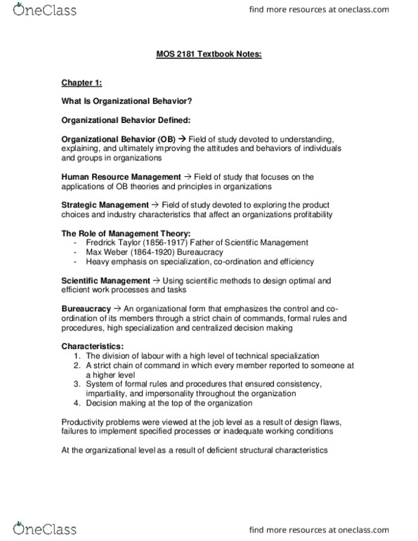 Management and Organizational Studies 2181A/B Chapter Notes - Chapter 1-8: Scientific Management, Decision-Making, Human Relations Movement thumbnail