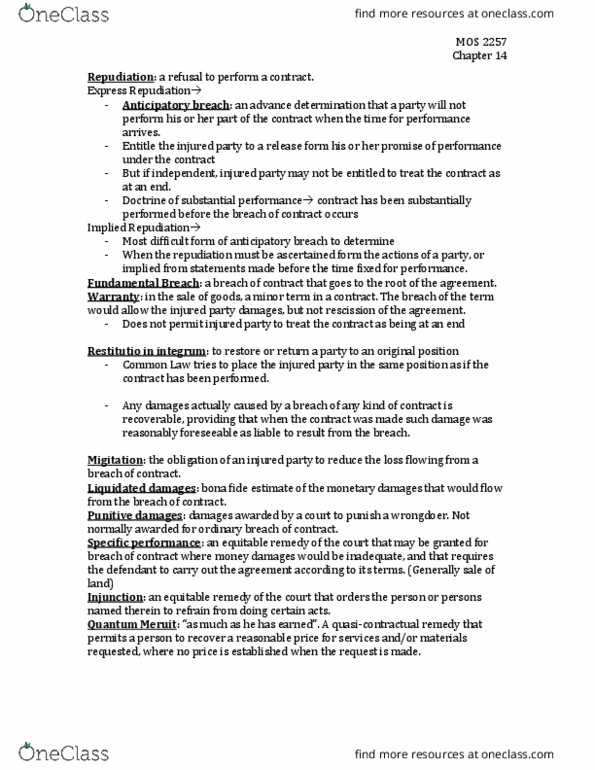 Management and Organizational Studies 2275A/B Chapter Notes - Chapter 14: Equitable Remedy, Punitive Damages, Syllogism thumbnail