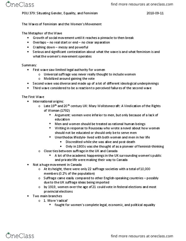 POLI 379 Lecture Notes - Lecture 2: Emily Stowe, Radical Feminism, Universal Suffrage thumbnail