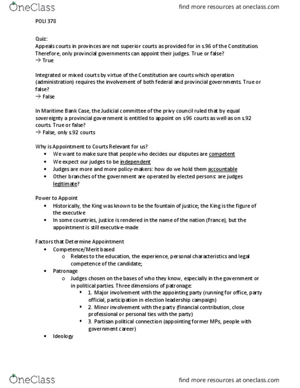 POLI 378 Lecture Notes - Lecture 4: Mixed Courts Of Egypt, Judicial Independence, Admiralty Law thumbnail