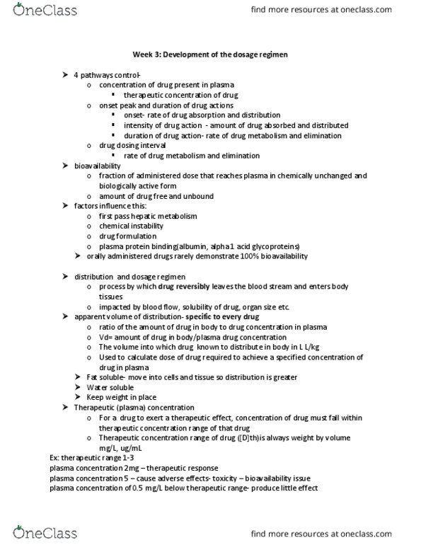 HTHSCI 2H03 Lecture Notes - Lecture 3: Plasma Protein Binding, Drug Metabolism, Bioavailability thumbnail