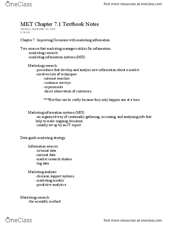 MKT 305 Chapter Notes - Chapter 7.1: Predictive Analytics, Big Data, Scientific Method thumbnail