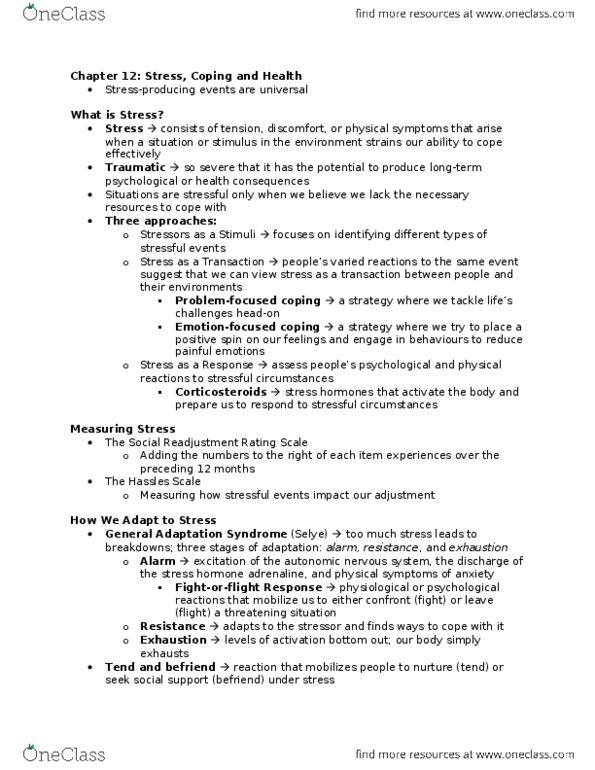 PSYC 1160 Chapter 12: Notes on Stress, Coping, and Health thumbnail