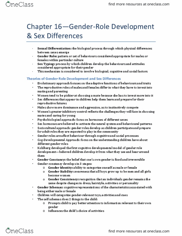 PSY 2105 Lecture Notes - Lecture 16: Gender Role, Sexual Differentiation, Brenda thumbnail