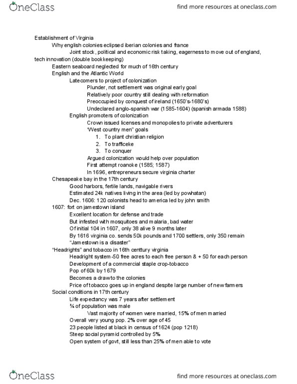 HIST 1301W Lecture Notes - Lecture 3: Headright, Atlantic World, Bacon thumbnail