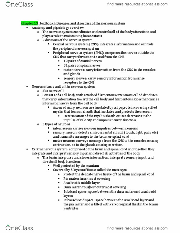 HSC 4551 Chapter Notes - Chapter 13: Spinal Cord Injury, Traumatic Brain Injury, Dura Mater thumbnail