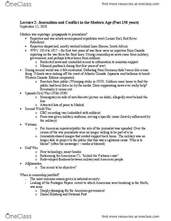 CMN 3109 Lecture Notes - Lecture 2: Red River Rebellion, Pentagon Papers, National Post thumbnail