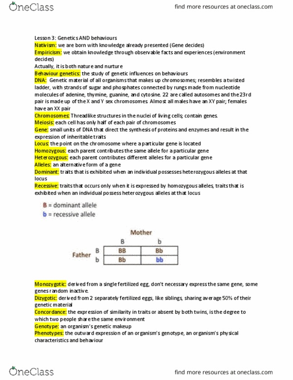 PSYC 100 Lecture Notes - Lecture 3: Zygosity, Twin, Cytosine thumbnail