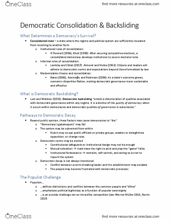 GVPT 280 Lecture Notes - Lecture 6: Democratic Consolidation, Backsliding, Modernization Theory thumbnail