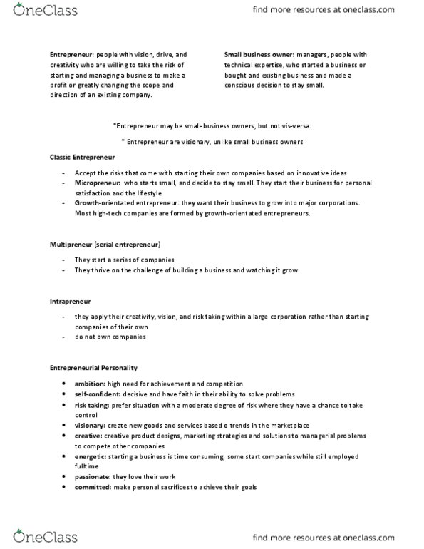 MGST 217 Chapter Notes - Chapter 6: Intrapreneurship, Small Business, High Tech thumbnail