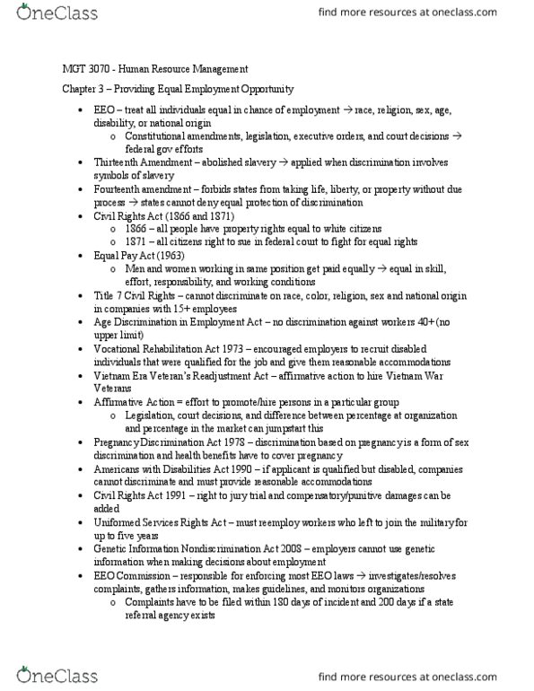 MGT-3070 Lecture Notes - Lecture 3: Genetic Information Nondiscrimination Act, Pregnancy Discrimination Act, Vocational Rehabilitation Act Of 1973 thumbnail