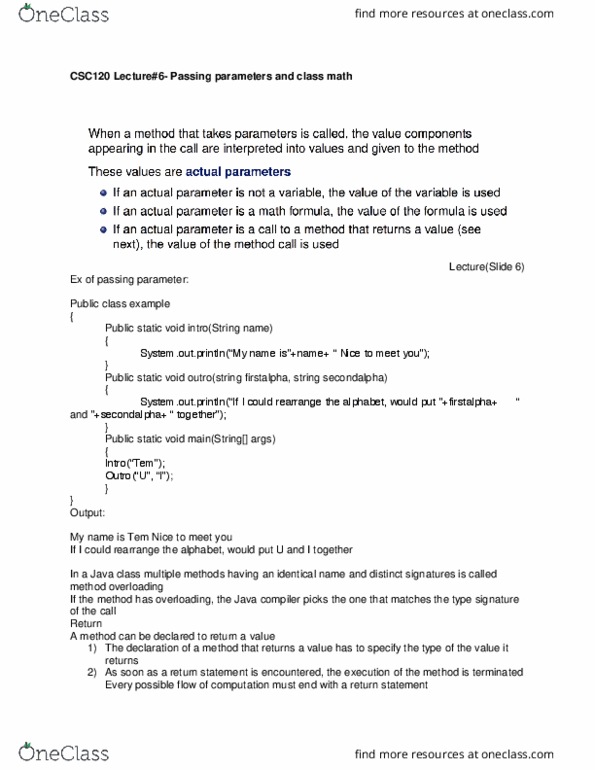 CSC 120 Lecture Notes - Lecture 6: Type Signature, Function Overloading thumbnail