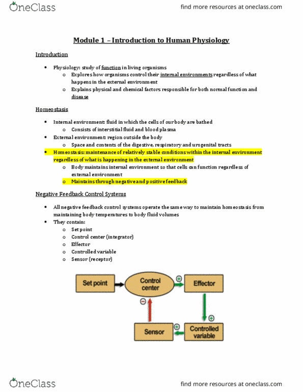 Physiology 2130 Lecture Notes - Lecture 1: Extracellular Fluid, Negative Feedback, Body Fluid thumbnail