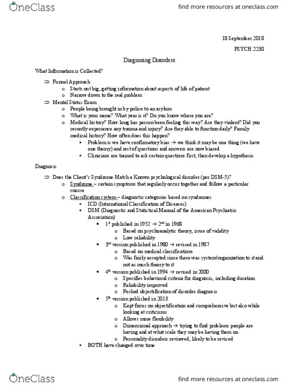 PSYC 2230 Lecture Notes - Lecture 7: American Psychiatric Association, Medical History, Dsm-5 thumbnail