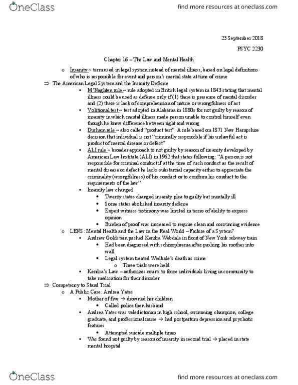 PSYC 2230 Chapter Notes - Chapter 16: American Law Institute, Insanity Defense, Durham Rule thumbnail