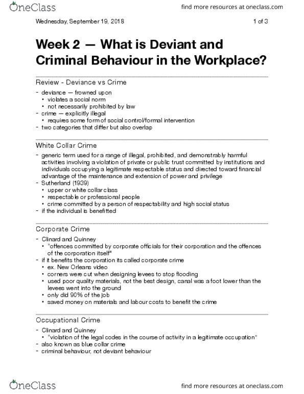 Sociology 3357F/G Lecture Notes - Lecture 2: Blue-Collar Worker, Corporate Crime, Norm (Social) thumbnail