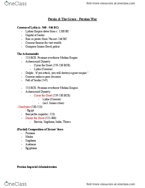 CLASSICS 1M03 Lecture Notes - Lecture 4: Croesus, Achaemenid Empire, Sogdia thumbnail