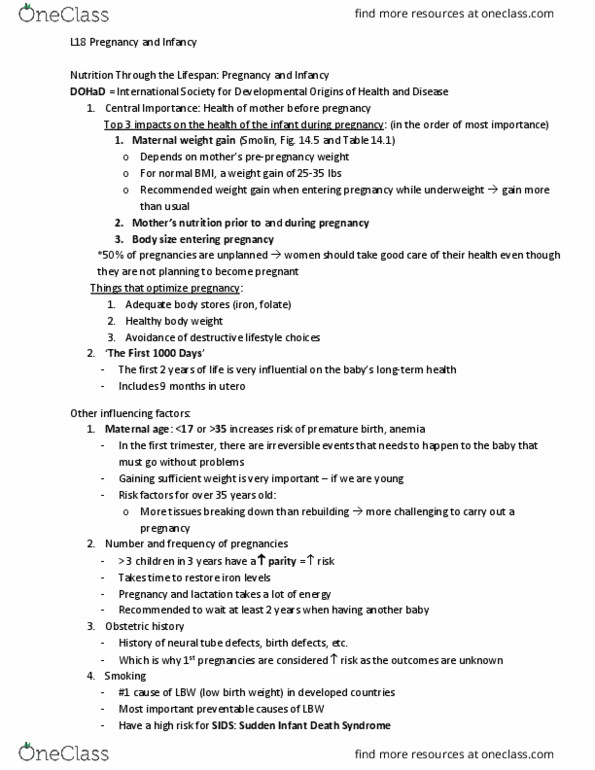 NUTR 120 Lecture Notes - Lecture 17: Sudden Infant Death Syndrome, Neural Tube Defect, Leg Before Wicket thumbnail