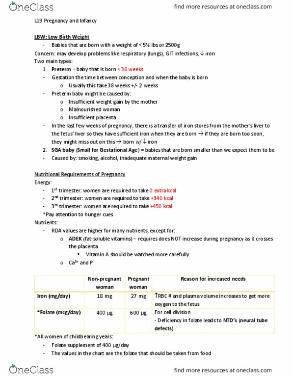 NUTR 120 Lecture Notes - Lecture 18: Neural Tube Defect, Leg Before Wicket, Birth Weight thumbnail